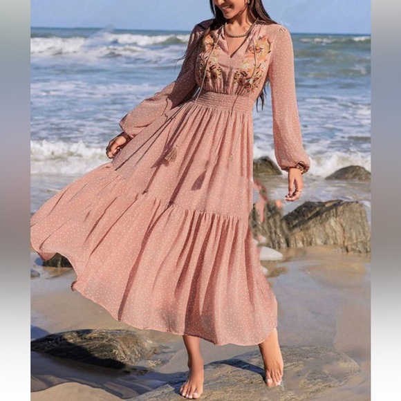 Boho pink floral print embroidered polka dot long sleeve dress